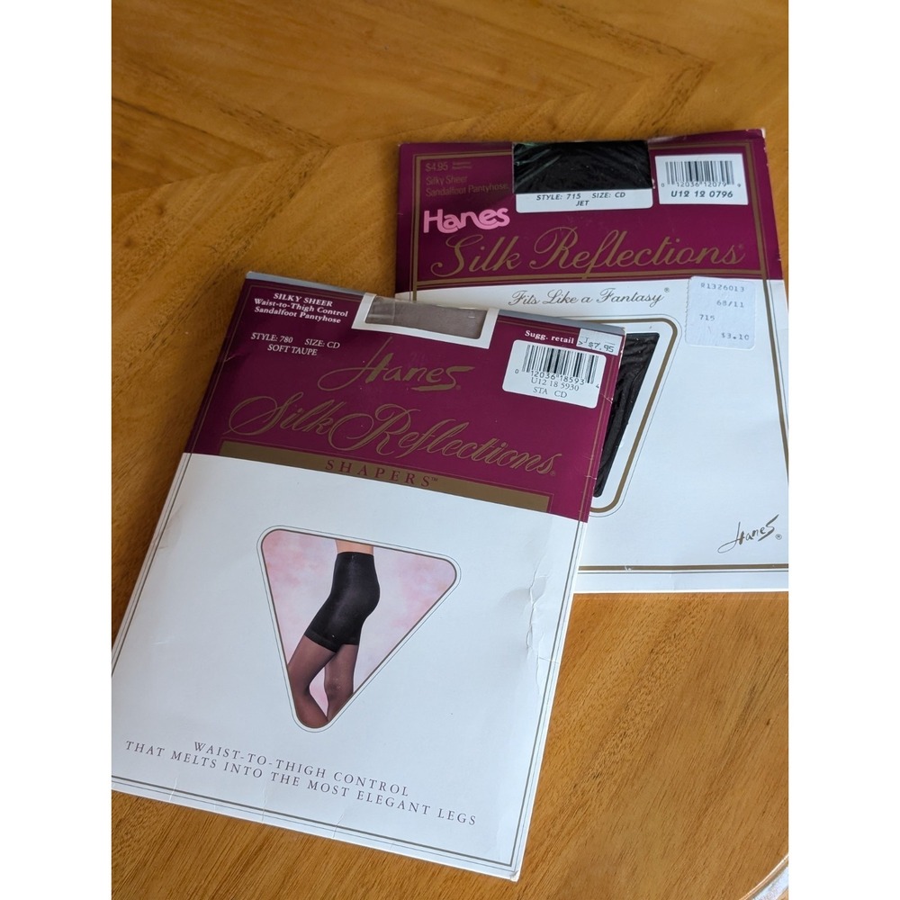 Vintage NOS 2 Hanes Pantyhose CD Silk Reflections Shapers SoftToupe, JetBlack